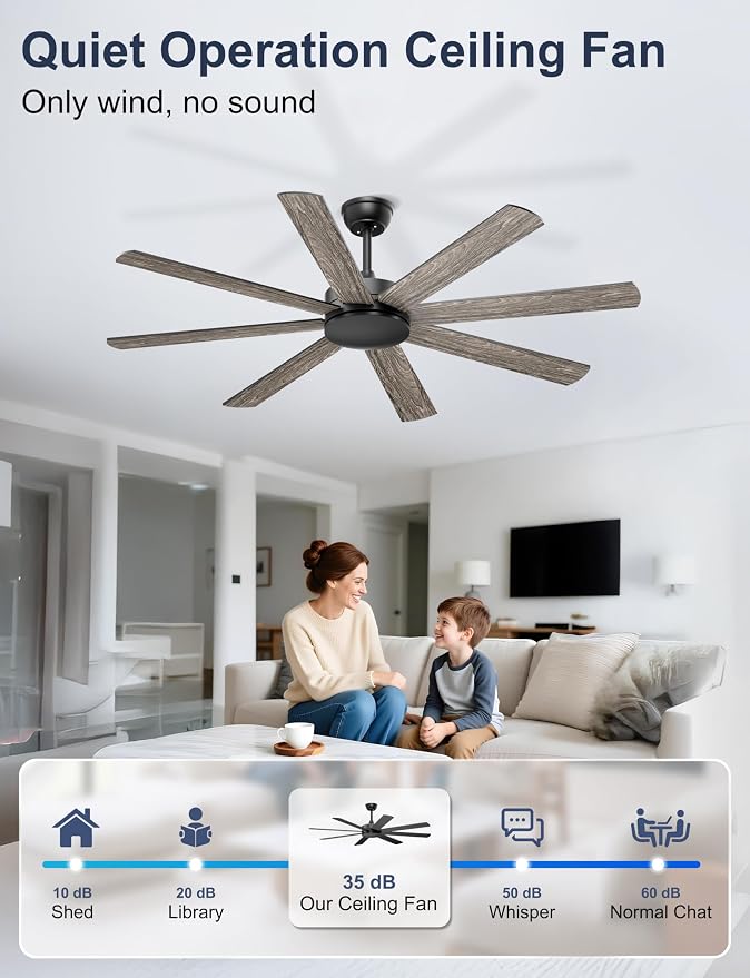 60'' Black Ceiling Fan No Lights for Indoor/Covered Outdoor | Remote/APP Control, 5980 CFM Airflow, Quiet DC Motor, Reversible Airflow, 8 Blades Modern Overhead Fan for Patio, Garage