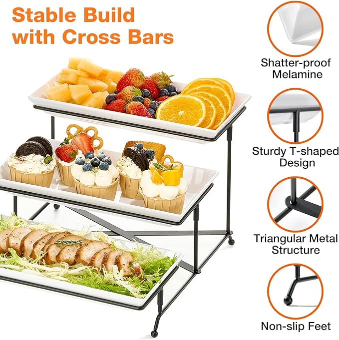 Mfacoy 3 Tier Serving Tray Set, 12" Tiered Serving Trays Platters, Reusable Serving Tray for Party, Collapsible Sturdier Stand with Stable Cross Bars, Serving Platters for Veggie, Fruit, Dessert