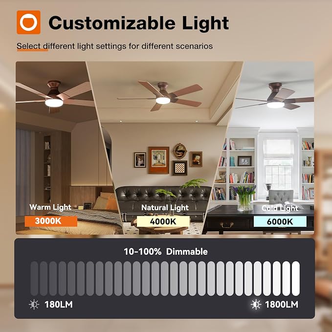 addlon Ceiling Fans with Lights, 52 Inch Low Profile Ceiling Fan with Light and Remote Control, Flush Mount, Reversible, 3CCT, Dimmable, Quiet, Brown Ceiling Fan for Bedroom Indoor/Outdoor Use