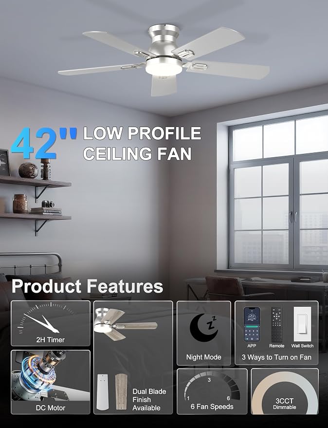 42'' Silver Low Profile Ceiling Fan with Lights for Kids Room | App/Remote Control, Flush Mount, Space-Saving, Quiet DC Motor, 3CCT Dimmable, 6 Speeds Modern Overhead Fan for Low Ceilings