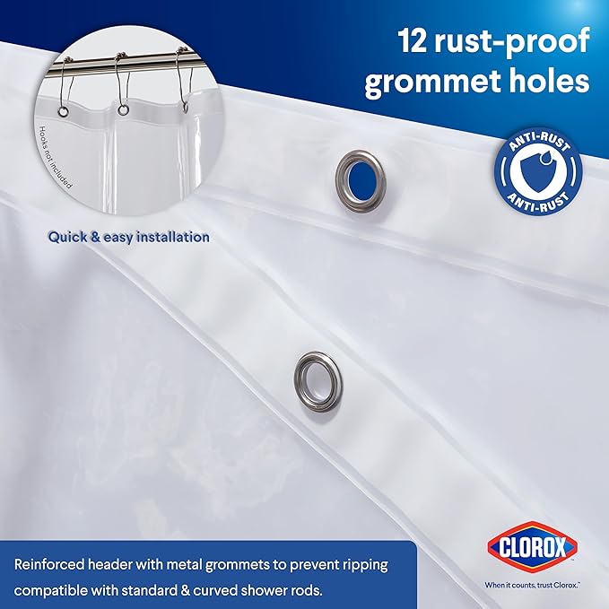 Clorox Shower Curtain Liner, Premium Medium-Weight Durable Waterproof 6g PEVA for Bathroom with Weighted Magnets, Standard Size 72" x 72", Clear 2 Pack