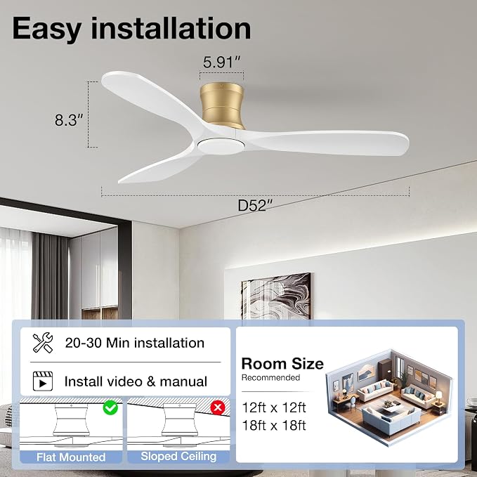 52 Inch Wood Ceiling Fans with Lights and Remote,Low Profile Flush Mount Ceiling Fan with Light,Outdoor Indoor Modern Ceiling fan for Bedroom Living room Patio,White and Gold,3 Blades,Reversible,Quiet