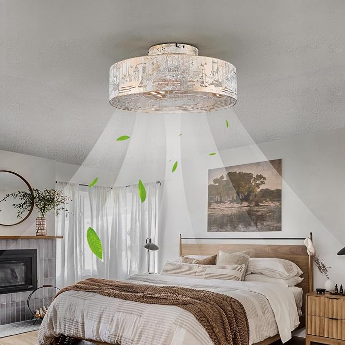 Caged Ceiling Fans with Lights Flush Mount,Low Profile Ceiling Fan with Remote,20 Inch Caged White Fan for Bedroom,6 Speeds Reversible Enclosed Fandalier Ceiling Fan with Bulb