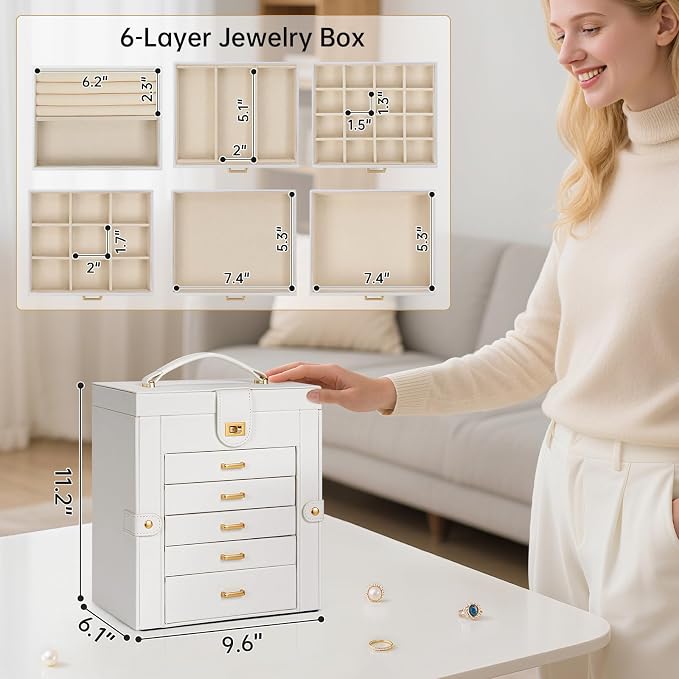 AKOZLIN 6-Tier Jewelry Box Organizer Functional 5 Drawers Leather Jewelry Storage Case for Women Girls Ring Necklace Earring Bracelet Holder Organizer with Mirror Medium White