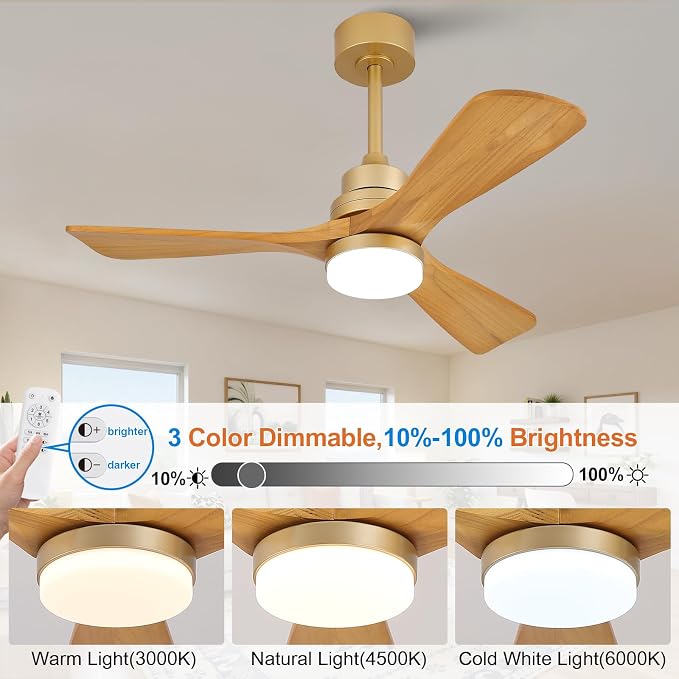 42 Inch Ceiling Fans with Lights and Remote, Dimmable LED Light, Quite Reversible DC Motor,Memory Function,Modern Solid Wood Indoor Outdoor Ceiling Fan with Light for Patio Office (Gold)