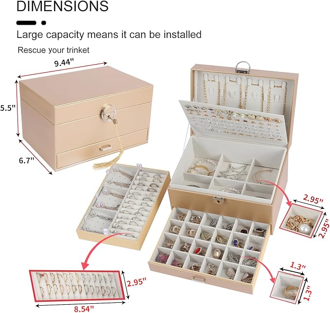 BOOVO Large Jewelry Boxes For Women (Champagne) | 5 Layers Jewelry Organizer Box With Cosmetic Storage Drawer, Necklace Ring Jewelry Organizer Box