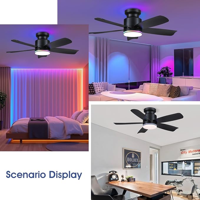 Wiviniya 41 Inch Black Flush Mount Ceiling Fans with RGB Lights, 5 Reversible Blades, 6-Speed 2H Timer, RGB & 3 CCT Dimmable, Remote & APP Control for Bedroom Living Room