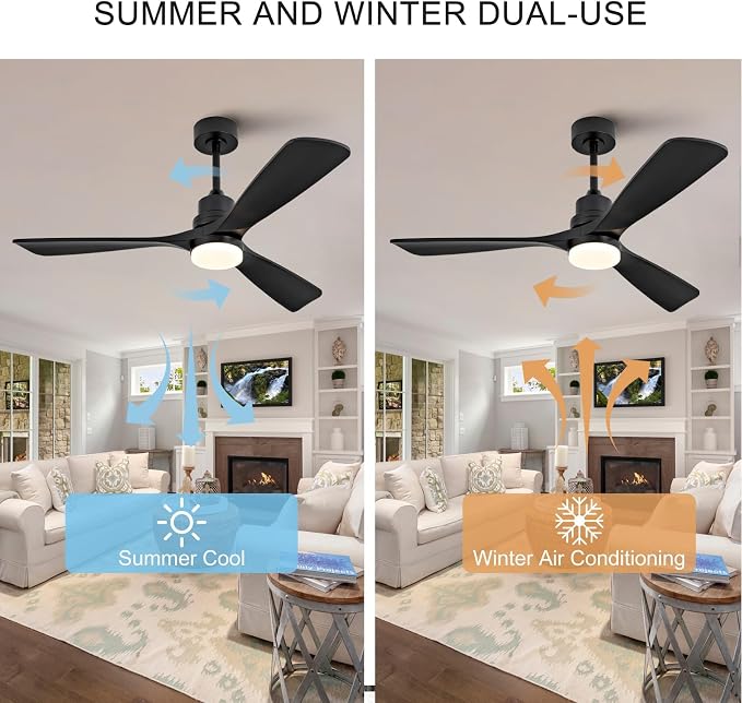 52 Inch Black Ceiling Fans with Lights and Remote,Dimmable,Quite Reversible DC Motor,Memory Function,Modern Solid Wood Indoor Outdoor Ceiling Fan with light for Patio Bedroom