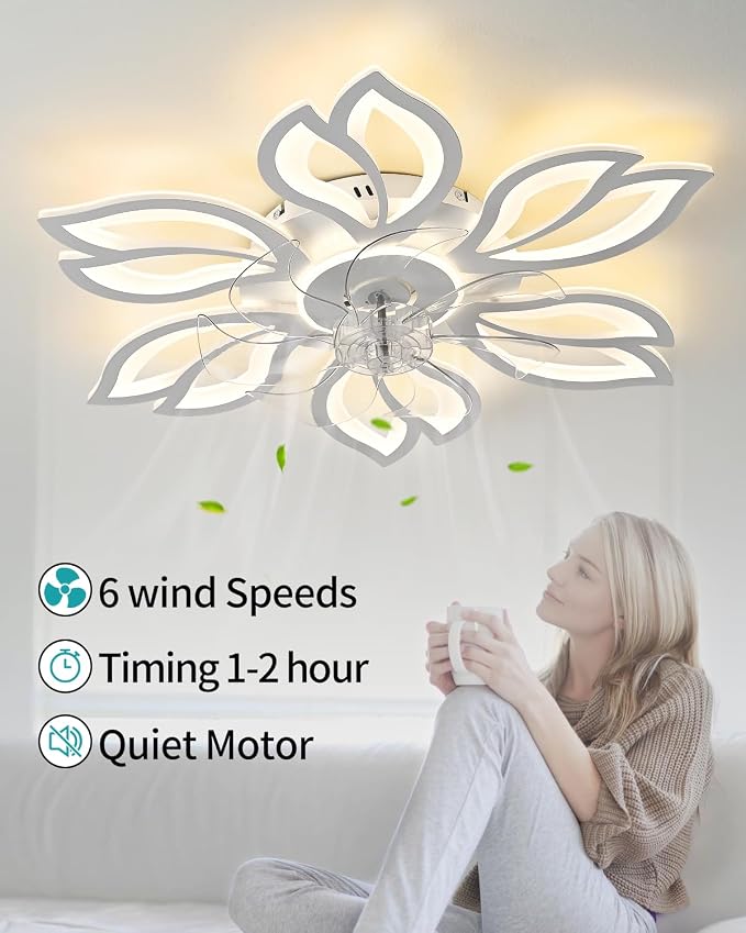 Modern Flower Ceiling Fan with Light, 24" Low Profile Flush Mount Fandelier with Remote & APP Control, Dimmable LED Ceiling Fan Lamp for Bedroom Living Room