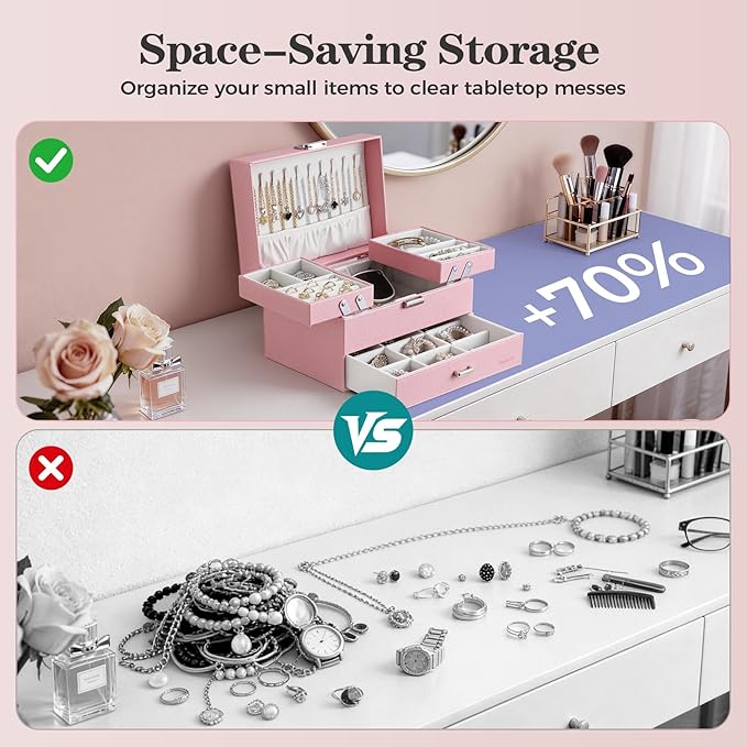 Dajasan Jewelry Organizer Box, Large Jewelry Boxes for Women Girls, Space-Saving 3 Layers Jewelry Storage Case with Drawer, Gift Idea, Movable Metal Stand, Modern (Pink)