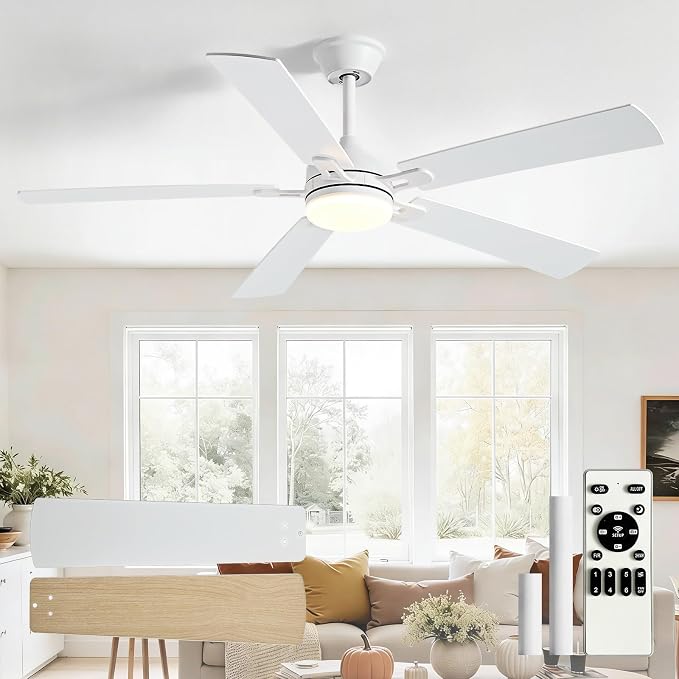 Depuley 52-inch Ceiling Fan with Light: White Ceiling Fan for Living Room Indoor - Modern Ceiling Fan with Remote Control 3CCT Dimmable Noiseless 5 Reversible Wood Blades 6 Speeds