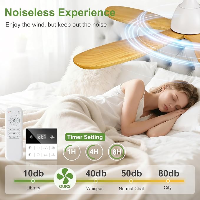 42 Inch Solid Wood Ceiling Fans With Lights, Remote Control, Dimmable, Reversible, Wood Blades, Power-Off Memory, Quiet DC Motor, Indoor/Oudoor Ceiling Fan with Light for Patio,Farmhouse