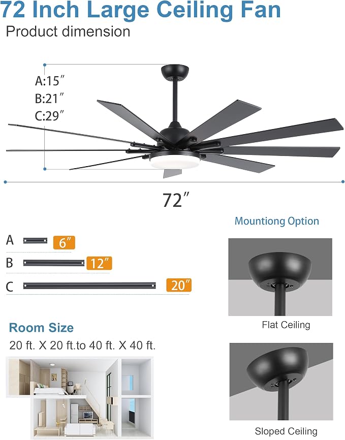 POCHFAN 72 Inch Ceiling Fans with Lights,Large Modern Ceiling fan with Remote and 9 Wooden Blades,Dimmable,6 Speeds,Noiseless Reversible Indoor&Outdoor Fan for Bedroom,Patio,Living Room