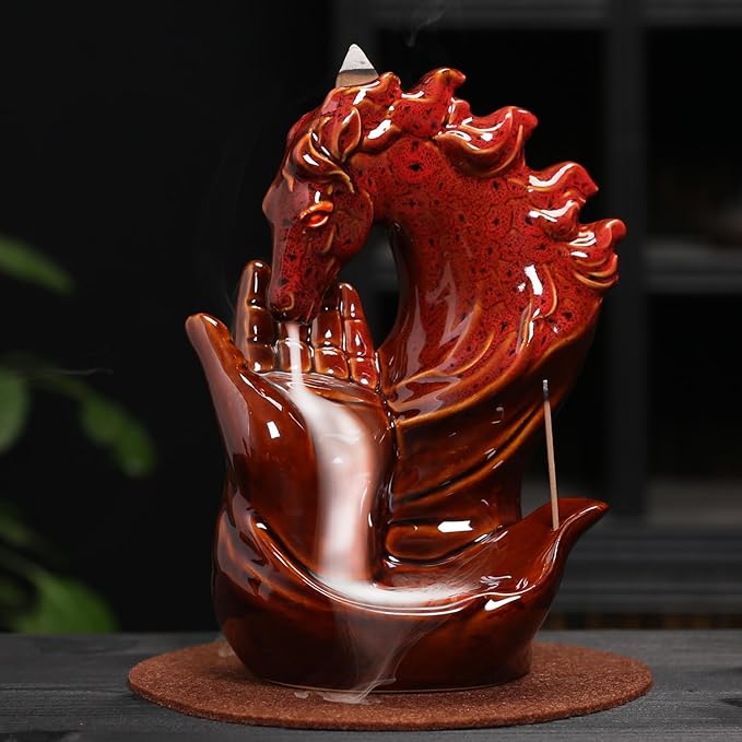 Horse Hand Incense Burner Holder - Ceramic Incense Waterfall Burner Horse, Backflow Horse Smoke Fountain Incense Holder with Cone & Stick Tweezer & Mat for Aromatherapy/Yoga/Home/Room Decor
