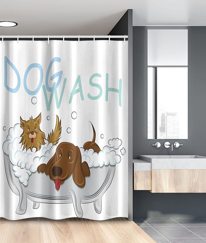 Ambesonne Cartoon Stall Shower Curtain, Playful Dogs in a Bathtub Grooming Each Other Pets Theme Illustration, Fabric Bathroom Decor Set with Hooks, 54" W x 78" L, Brown White