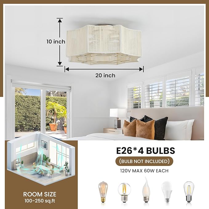 RUIYEY Boho Ceiling Fans with Lights: 20 inch Modern Flush Mount Ceiling Fan with Remote Control, 7 Blades Reversible 6 Speeds E26 4 Light Low Profile Hand Woven Caged Fandelier for Bedroom Nursery