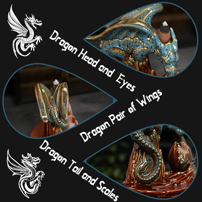 Dragon Incense Burner Holder - Egg Backflow Waterfall Cone Incense Holder, Ceramic Unique Pterosaur Incense Burner with Cones & Sticks for Halloween/Aromatherapy/Yoga/Home/Room/Office Deco