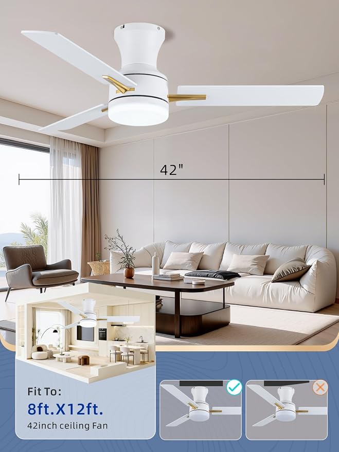 LANMEL 42 Inch Flush Mount Ceiling Fan with Light, App&Remote Control, Low Profile Modern Ceiling Fan, 6 Speed, Reversible, 3000k-6500k Dimmable LED, Quiet DC Motor for Indoor Outdoor, Gold White