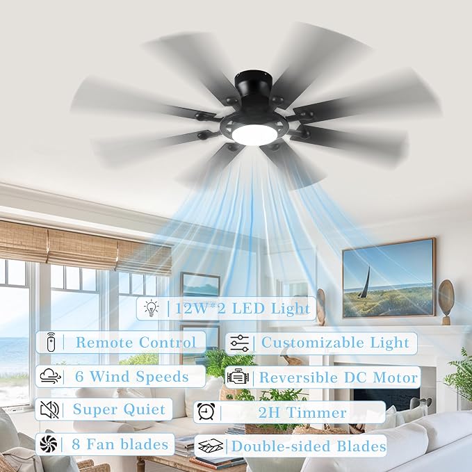 Ceiling Fans with Lights, 54 inch Low Profile Ceiling Fan with Light and Remote Control, Flush Mount Ceiling Fan for Bedroom, Living Room, Reversible, 3CCT, Dimmable, Noiseless DC Motor, Black