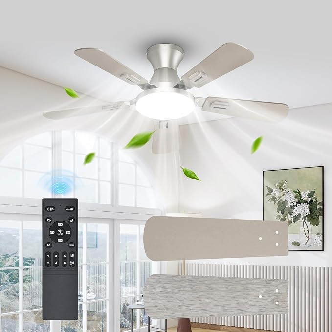 UME 42" Ceiling Fan with Lights & Remote, 6 Blades Low Profile Ceiling Fan, Quiet DC Motor, Natural Wind, 6 Speeds, 3CCT Dimmable 20W LED Modern Ceiling Fan for Bedroom, Living Room, Nickel