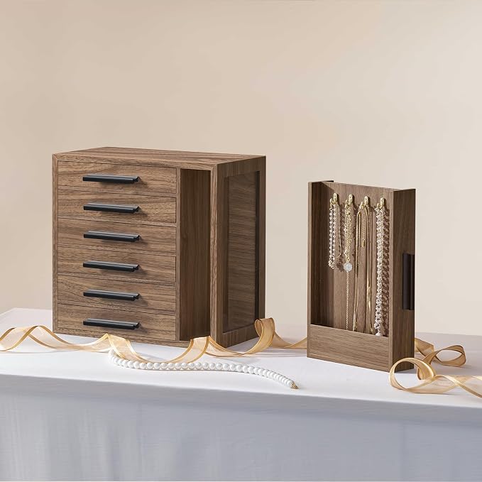 HOOBRO Jewelry Box for Women, Jewelry Organizer Box, 6-Tier Wooden Jewelry Box, Jewelry Case with Side Transparent Window, for Earring, Necklace, Bracelet, Walnut and Black BH12JB04