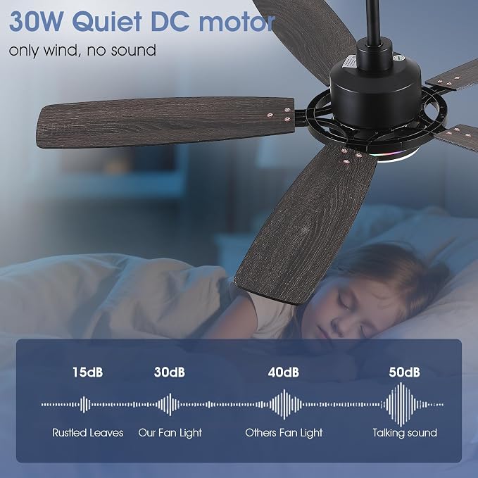 SHIHOT 54" Modern 6-Blade Black RGB Ceiling Fans with Lights and Remote | 14 RGB Modes ,6 Wind Speeds, Reversible, Dimmable 3 CCT LED, 30W Quiet DC Motor,6 Double-Sided Blades,for Bedroom Kidsroom