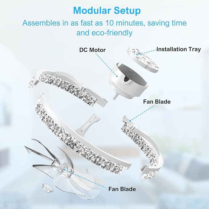 Crystal Ceiling Fans with Lights and Remote, 20'' Low Profile Ceiling Fan, 1-6 Wind Speeds, 3000-6500K Dimmable Flush Mount LED Fan Light, Modern Fandelier Ceiling Fans for Bedroom