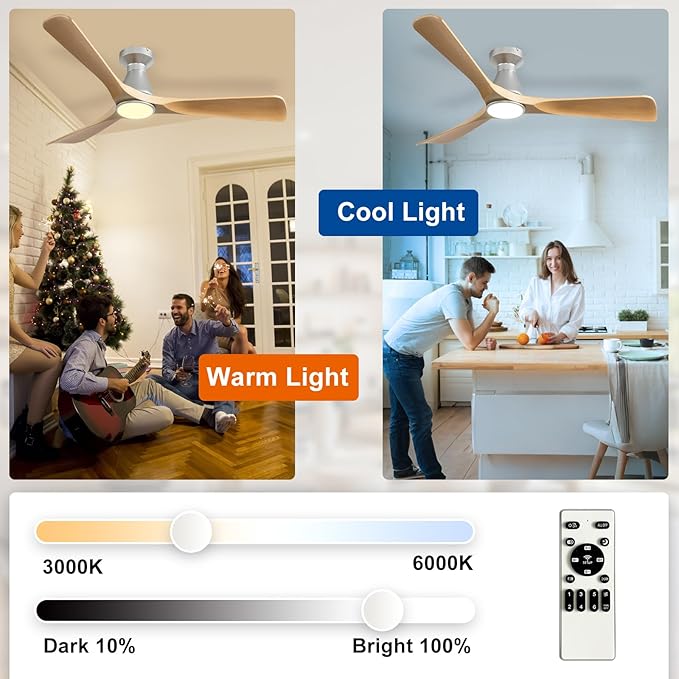 Depuley 52-Inch Ceiling Fans with Lights: Wood 3 Blade Flush Mount Low Profile Ceiling Fan for Bedroom - Dimmable Indoor Outdoor Fan with Remote Control Ultra Quiet DC Motor Timer