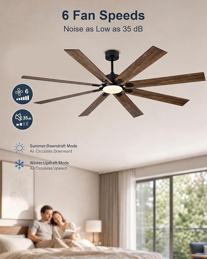 Ceiling Fans with Lights, 72 Inch Brown Indoor Fan with Remote and App Control, Dimmable LED Light, 6 Speeds, Reversible Airflow, Low Noise for Bedroom Living Room Kitchen