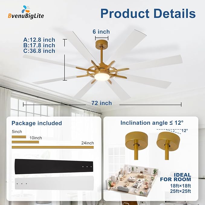 Large Ceiling Fans with Lights: Modern 72 Inch 8 Blade Outdoor Ceiling Fan with Remote APP Control - Dimmable White Gold Big Fan Light Indoor Reversible 6 Speed Quiet DC Motor