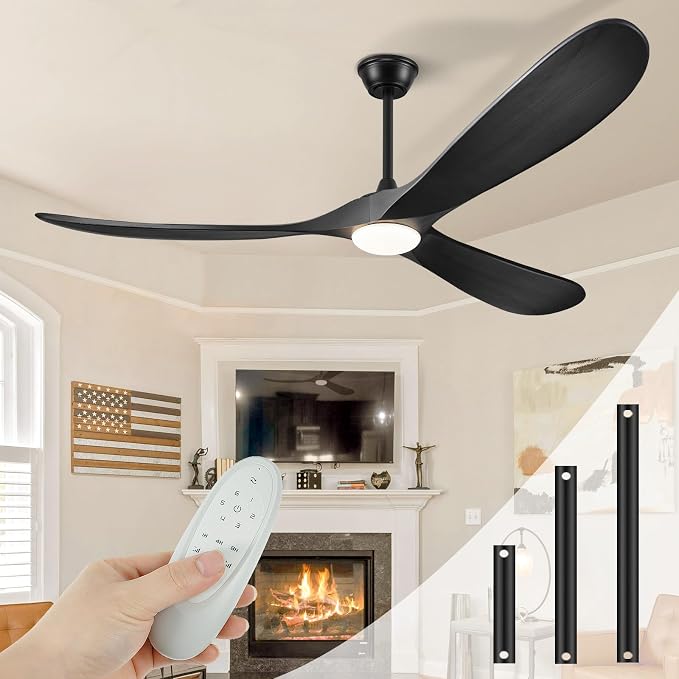 72" Outdoor Ceiling Fans with Lights and Remote Control, Large Ceiling Fan with Lights High CFM Quiet 3 Wood Blade Propeller Outdoor Fan,Propeller Ceiling Fan for Patio,Matte Black