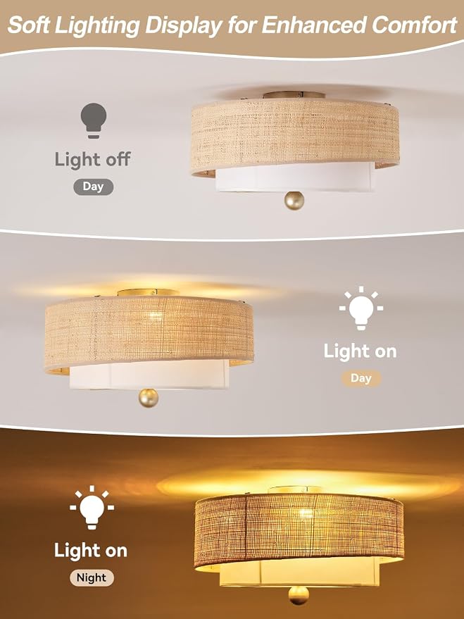 Flush Mount Ceiling Fan with Lights, 20" Caged Boho Ceiling Fan with Light Remote Control, Low Profile Bladeless with 6 Speeds, Drum Rattan Fabric for Bedroom, Nursery, Dining Room, Living Room
