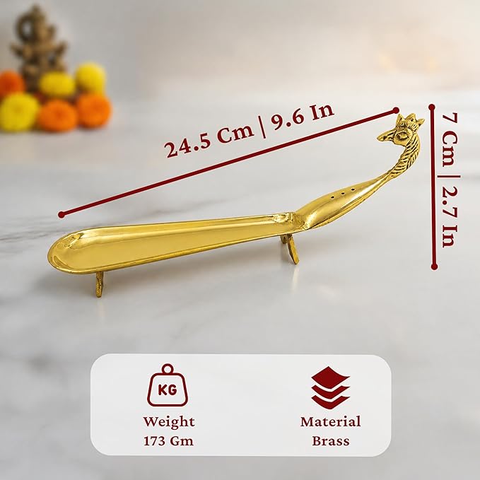 Putrika Brass Incense Stick Holder Stand | Holder | Burner with Ash Catcher Agarbatti | Batti Stand Dhup | Dhoop Best for Puja | Pooja [24cm*2.5cm*7.5cm][Weight: 170gm]- Peacock Agarbatti (Plain)