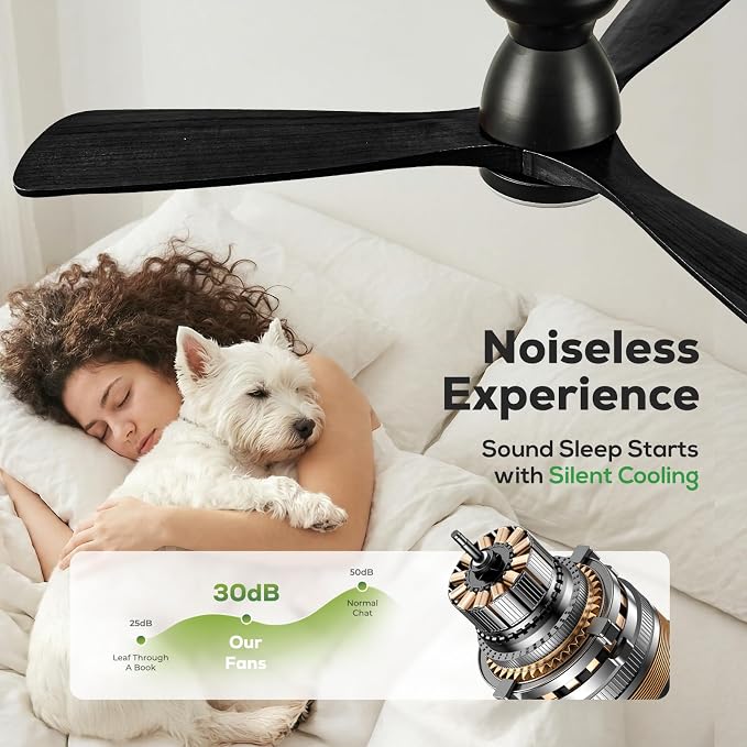 52in Smart Flush Mount Ceiling Fans with Lights,Outdoor Low Profile Wood Ceiling Fan Quiet DC Motor,Work with Alexa/Gg Voice Control/App/Remote,Dimmable,6-speed, Easy Install for Patio,Porch,Black