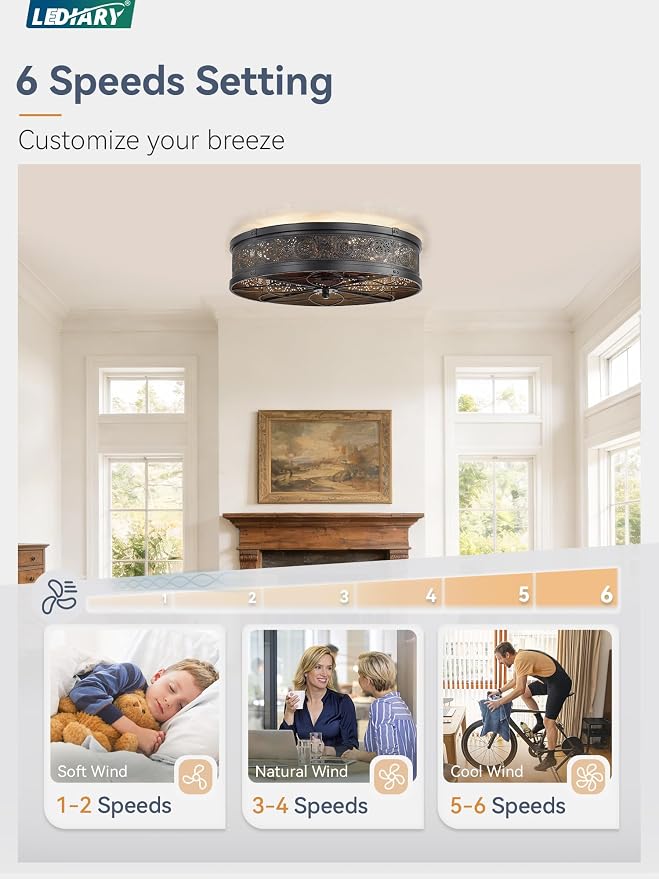 LEDIARY 20" Caged Ceiling Fans with Lights,Low Profile Flush Mount Enclosed Bladeless Farmhouse Ceiling Fan with Light and Remote,Black Vintage Victorian Rustic Fandelier for Bedroom,Kitchen,Indoor