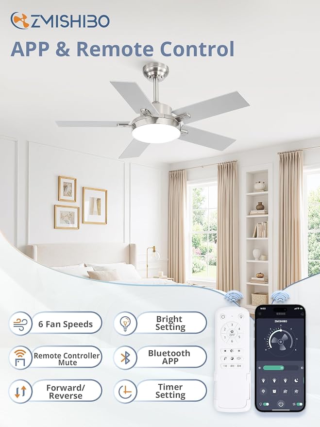 ZMISHIBO 42 Inch Ceiling Fans with Lights, Smart Remote/APP Control, Modern Ceiling Fan with 6 Speeds & 3CCT, Dimmable 30W LED, Quiet DC Motor, Noiseless for Living Room, Bedroom, Kitchen, Nickel