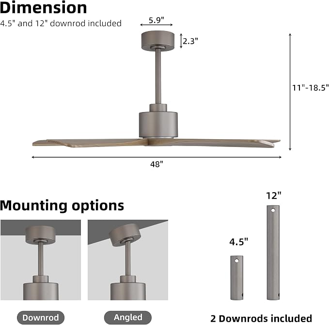 WINGBO 48" DC Ceiling Fan No Light - 5 Carved Solid Wood Blades, 6-Speed Reversible DC Motor, Ceiling Fan without Lights for Living Room Bedroom Kitchen Patio, Indoor and Outdoor, Graphite and Gray