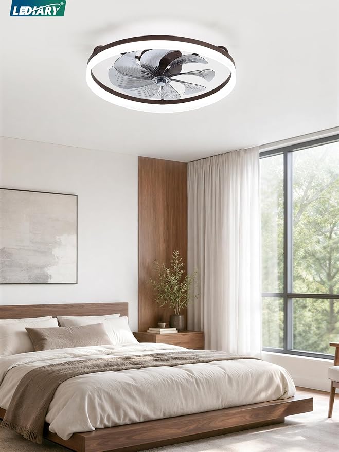 LEDIARY Ceiling Fans with Lights, 23 inch Low Profile Flush Mount Ceiling Fan, Dimmable LED, APP & Remote Control, Quiet Reversible DC Motor, 6 Speeds, Fandelier for Bedroom, Brown