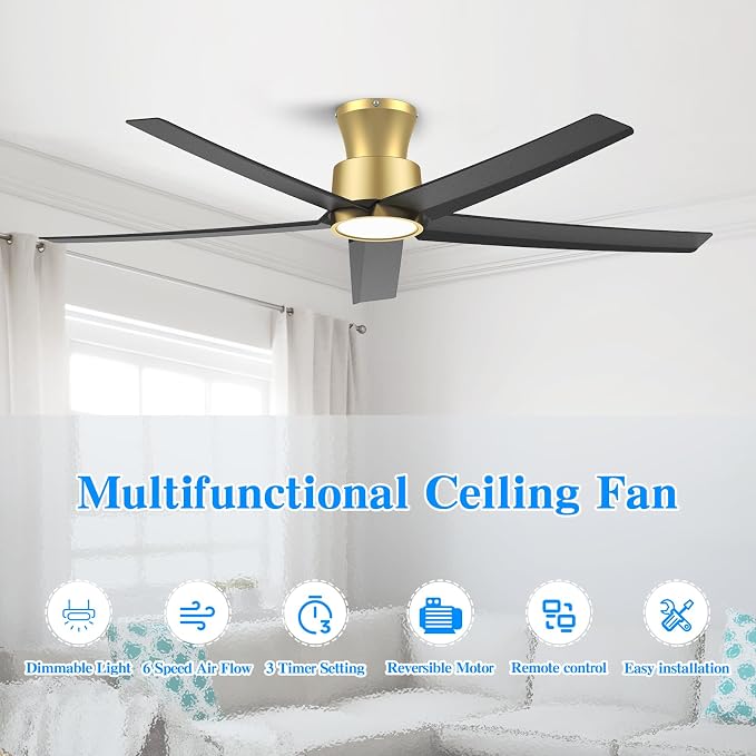 ocioc 52 inch Ceiling Fans with Lights, Large Air Volume Ceiling Fans with Reversible Quiet DC Motor and Remote 2 Pack（Black-Gold）