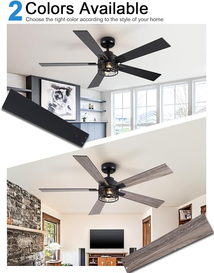 52 Inch Farmhouse Ceiling Fans with Lights and Remote, Black Industrial Caged Ceiling Fans for Bedroom, Living Room, 6-Speed Reversible Quiet DC Motor, Rustic Design