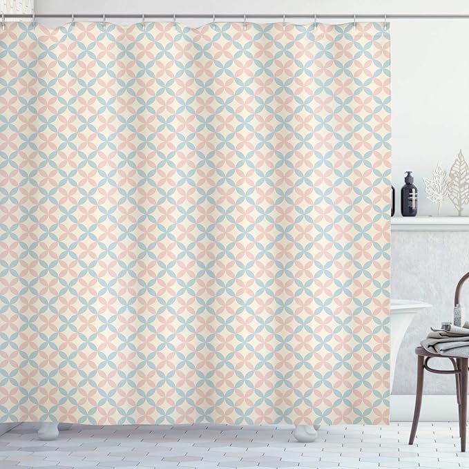 Ambesonne Shabby Flora Shower Curtain, Floral Motif Pastel Colors Flower Petals Pattern Geometric Ornate, Cloth Fabric Bathroom Decor Set with Hooks, 69" W x 84" L, Cream Salmon Pale Blue