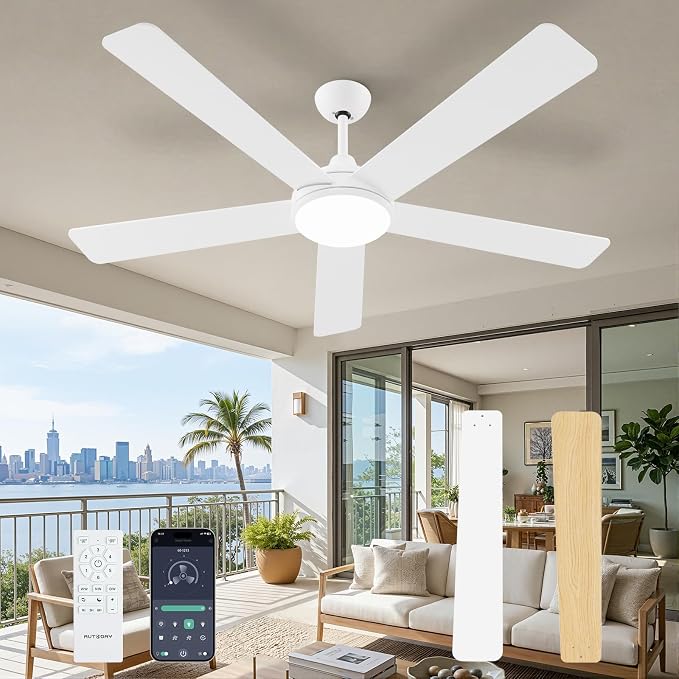 60 Inch Ceiling Fans with Lights and Remote/App Control: White Ceiling Fan with Light, Quiet Reversible DC Motor, Dimmable Tri-Color LED, Modern Ceiling Fan for Bedroom/Patio, Indoor/Outdoor