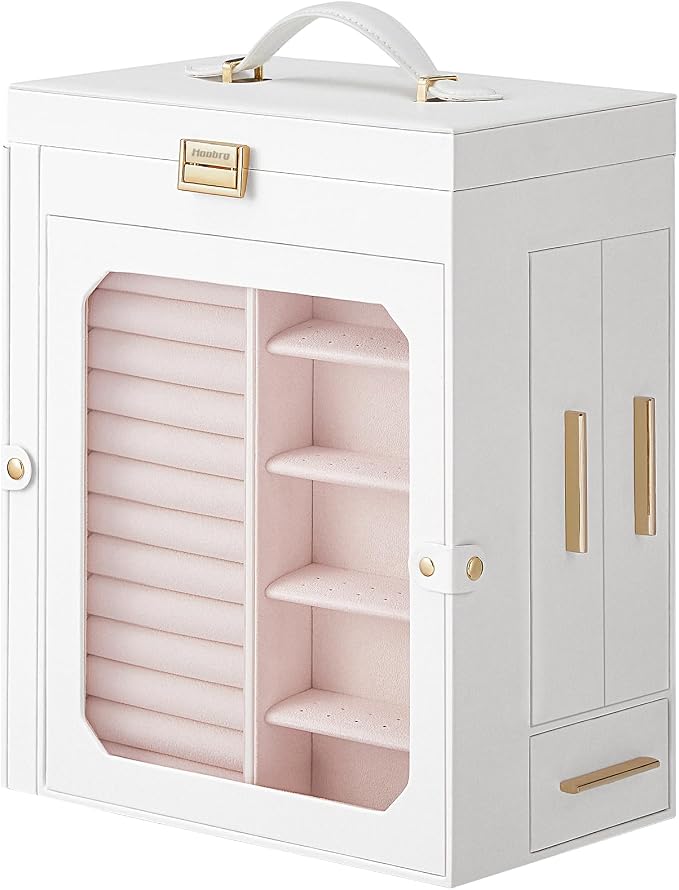 HOOBRO Jewelry Box with Mirror, Travel Jewelry Organizer with Glass Window, Jewelry Storage Case, Vertical Storage, Gift for Loved Ones, for Earrings, Rings, Necklaces, Bracelets, White WT03JB04G2