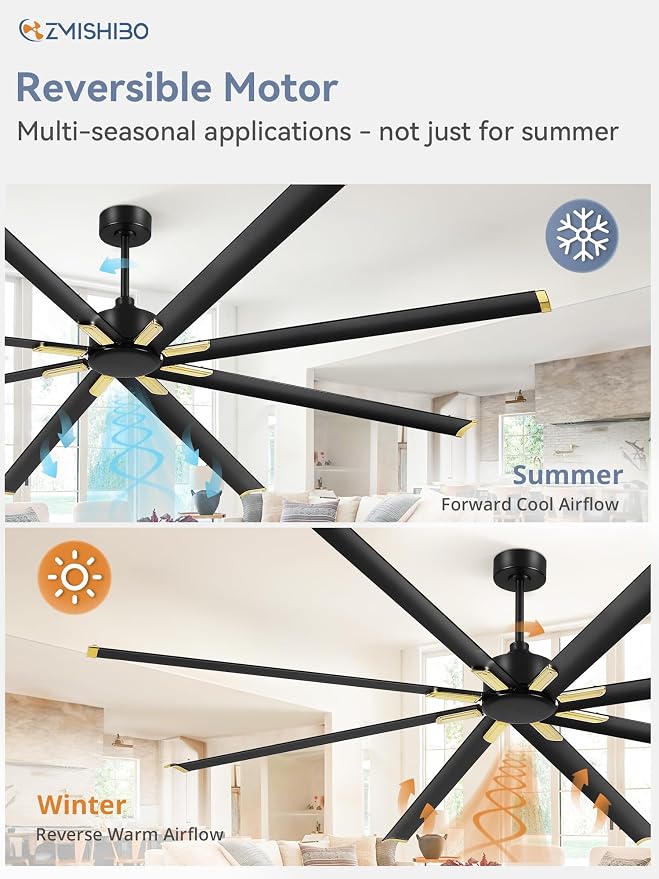 ZMISHIBO 96 Inch Industrial DC Motor Ceiling Fan, Large Ceiling Fan with 8 Reversible Blades, 3 Downrods, 6-Speed Remote Control, Home or Commercial Ceiling Fans for Porch/Garage/Shop, Black and Gold