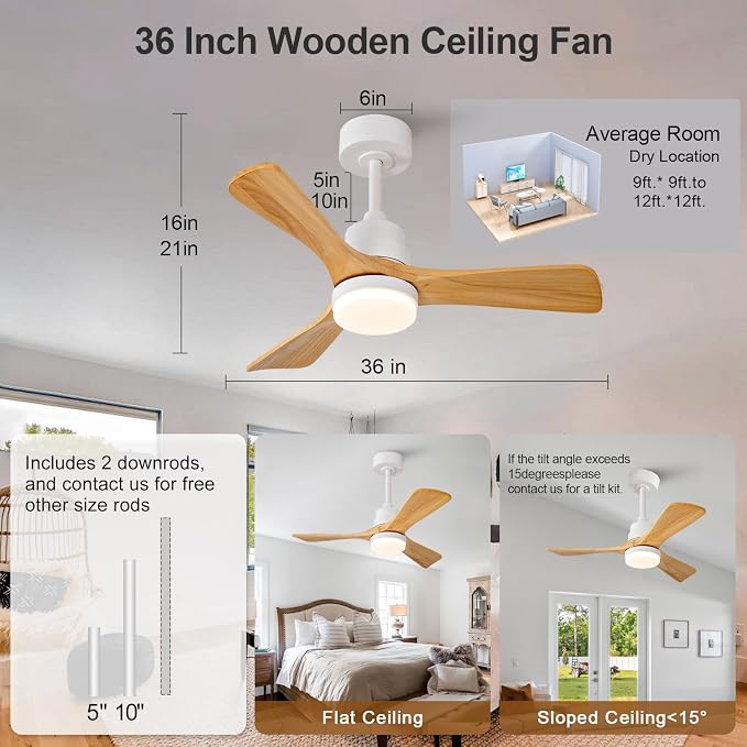 36 Inch Outdoor Ceiling Fans with Lights and Remote Control, Dimmable 3 Blades Wood Outdoor Ceiling Fans for Patios White Natural Wood Bedroom Ceiling Fan with Light, Wall Switch