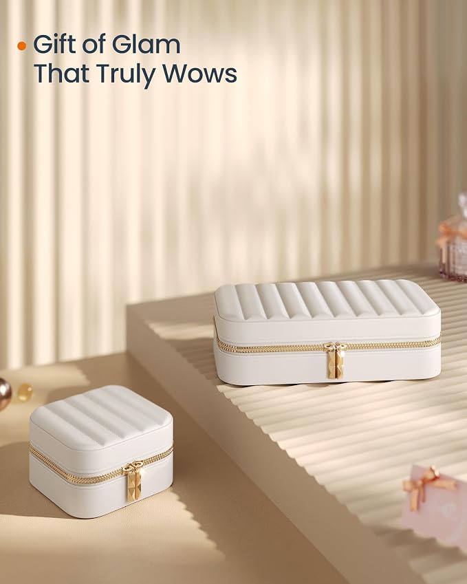 SONGMICS HOME Travel Jewelry Case with Mirror, Stitching, Portable | Jewelry box organizer, 4.1 x 8 x 2.4 Inches, Gift Idea, Cloud White, UJBC180W01