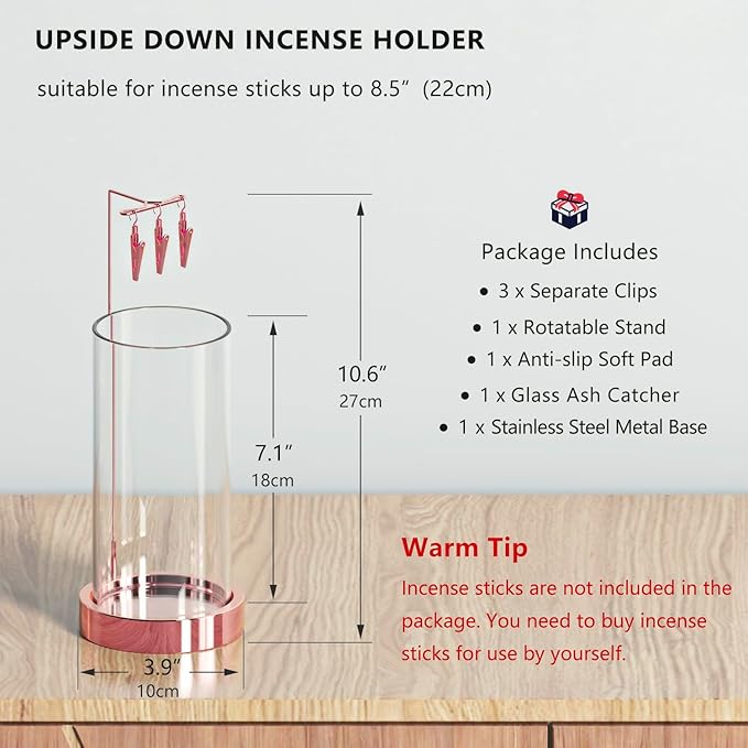 Incense Holder Ash Catcher - Upside Down Glass Incense Holder for Sticks, Reverse Inverted Anti Ash No Mess Insence-Stick Holder, Modern Metal Decorative Vertical Incense Burner, Rose Gold