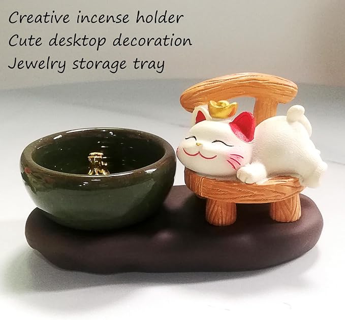 Cute Cat Stick Incense Holder, Japanese Ceramic Burner Tray Set, Rustic Ash Catcher Desktop Home Office Decor Meditation Yoga Spa Zen Aromatherapy