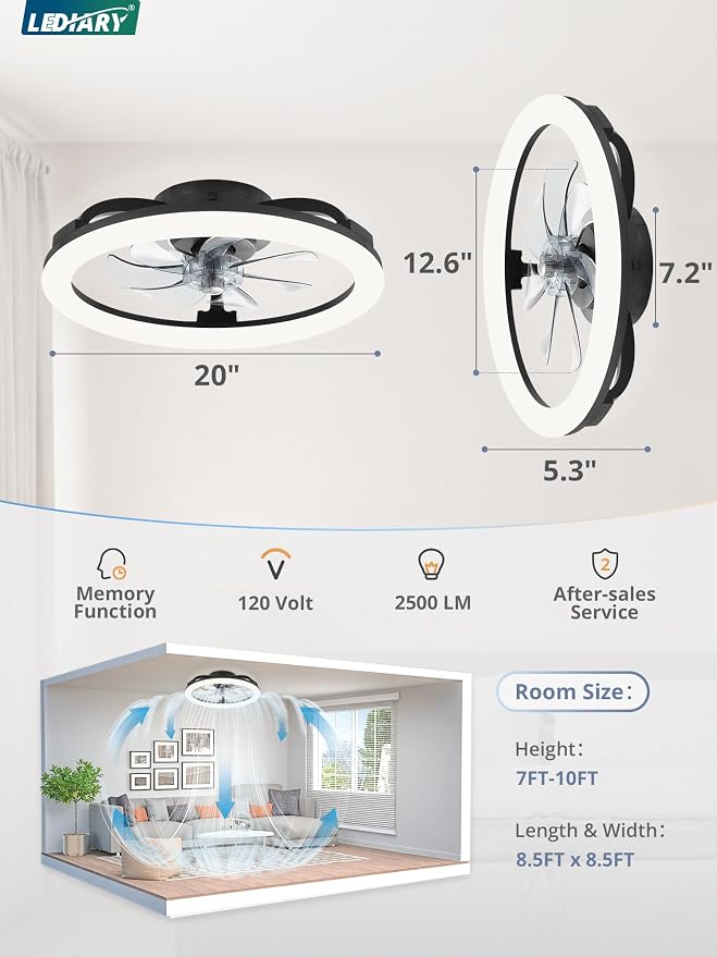 LEDIARY 20 Inch Low Profile Ceiling Fans with Lights and Remote, Dimmable Modern Fan Light(3000K-6000K), 6 Speed, Reversible, APP & Remote Control, Flush Mount Ceiling Fan for Bedroom, Black