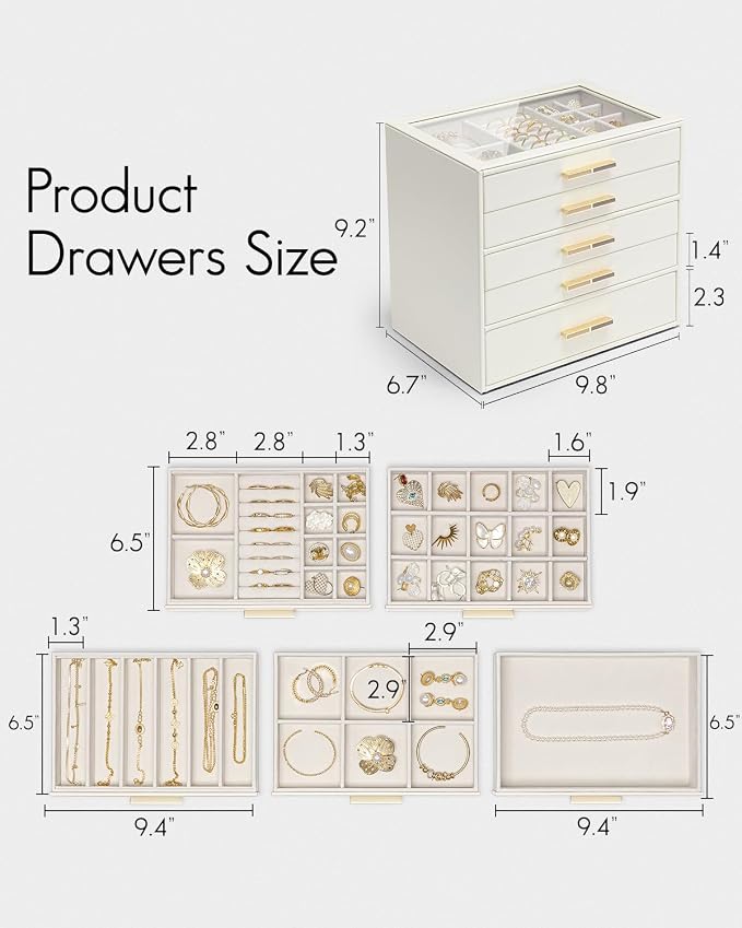 VLANDO 5 Layer Jewelry Box for Women, Glass Lid Jewelry Organizer with 5 Drawers for Necklaces Rings Earrings Bracelets - Cloud White